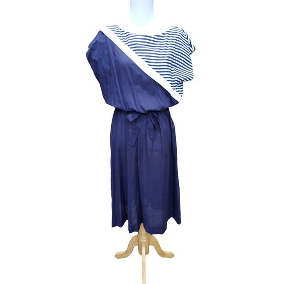 Vintage Dresses & Skirts - Vintage Jean Leslie Blue White Colorblock Dress Stripes Belted 1970s 70s Sz 16